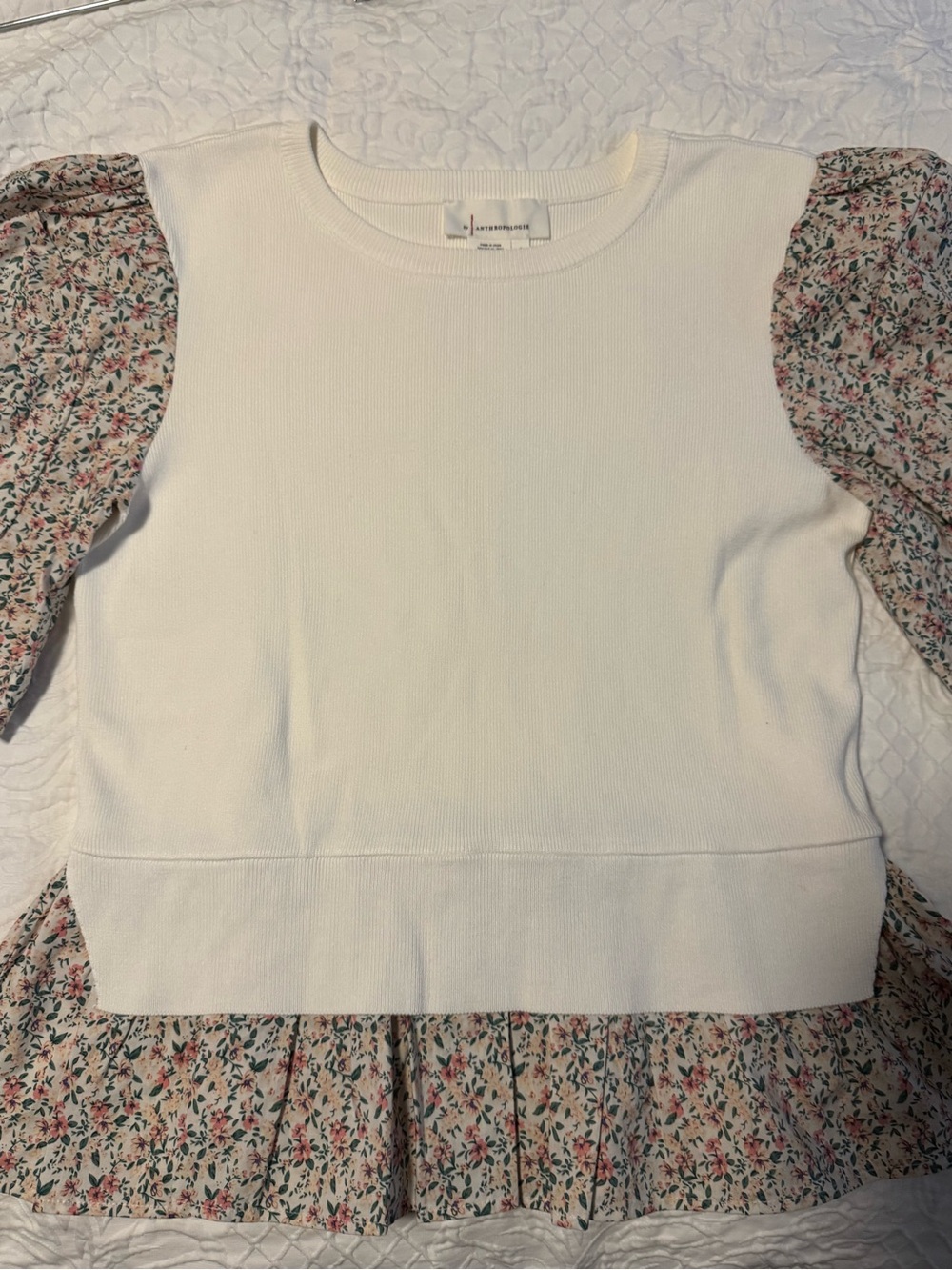Anthropologie Mixed Media Floral Puff Sleeve Peplum Top Women’s Size S